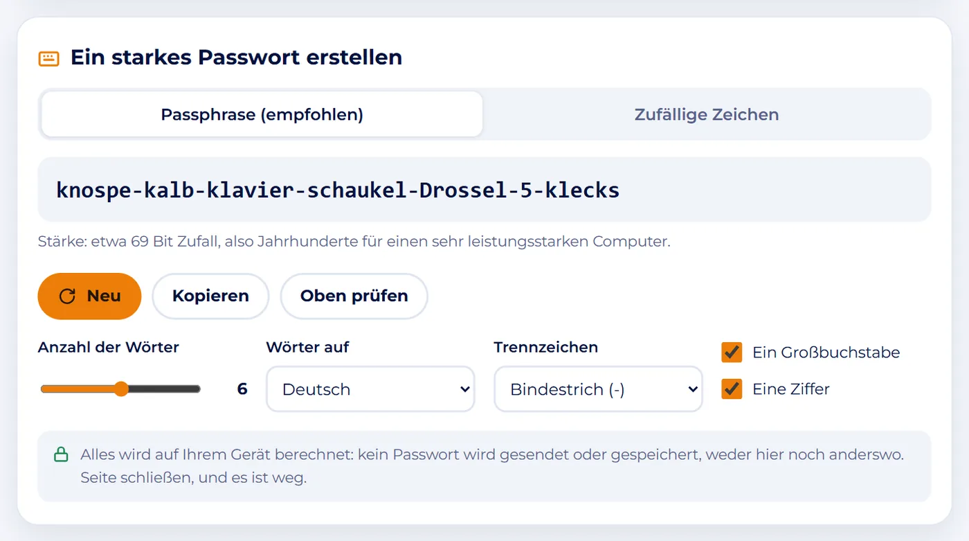Bildschirmfoto : Eine Passphrase erstellen