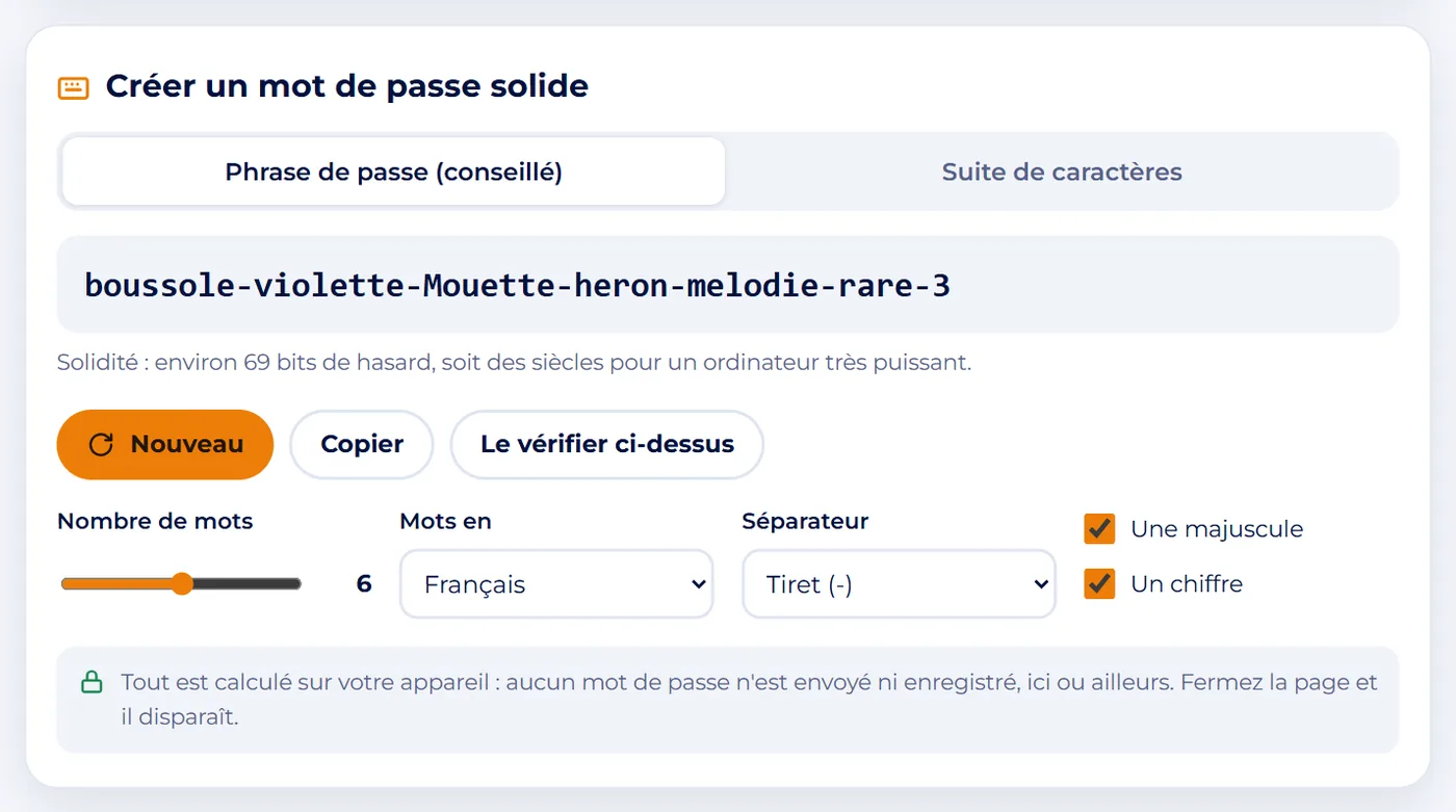 Capture d'écran : Créez une phrase de passe