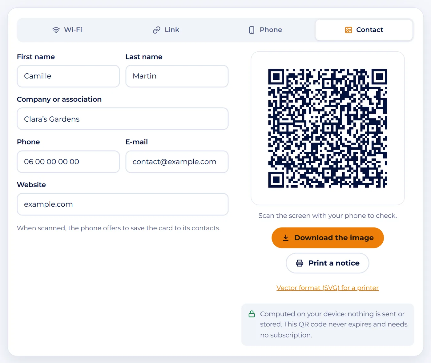 Screenshot : Create a contact card or a link too