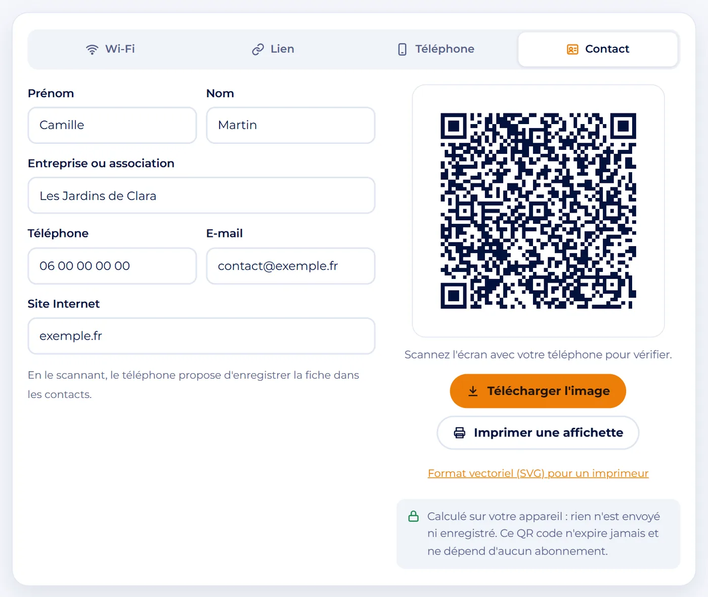 Capture d'écran : Créez aussi une fiche contact ou un lien