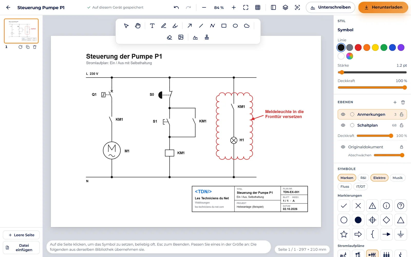 Der PDF-Editor mit einem Stromlaufplan: elektrische Symbole, Ebenen und eine Anmerkung in Rot