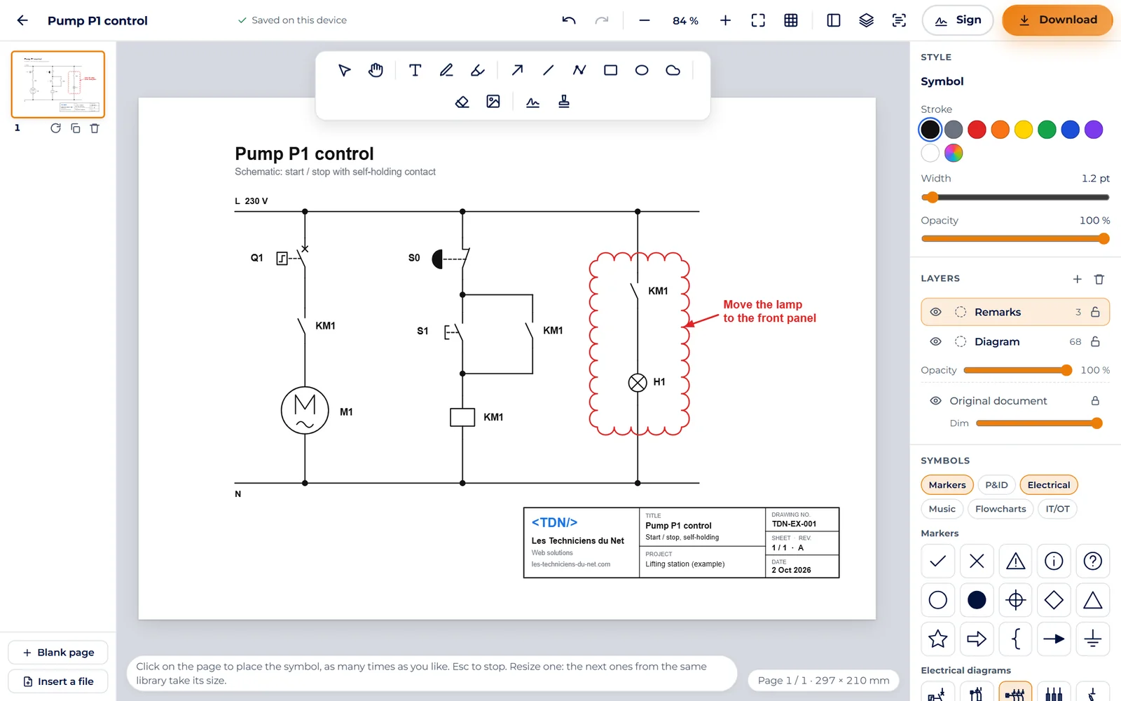 The PDF editor open on a control diagram: electrical symbols, layers and a remark in red