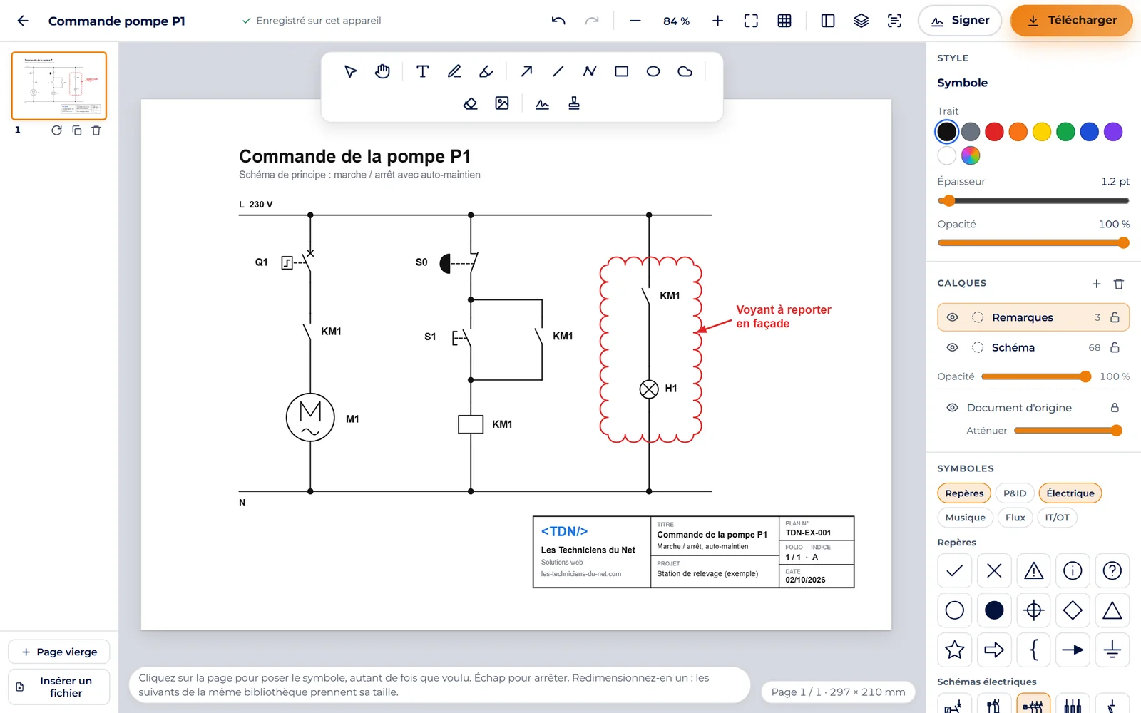L'éditeur PDF ouvert sur un schéma de commande : symboles électriques, calques et remarque en rouge