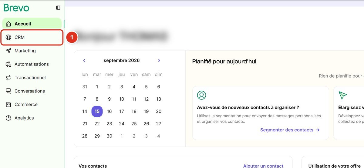 Page d'accueil de Brevo, le menu CRM est encadré en rouge dans la colonne de gauche