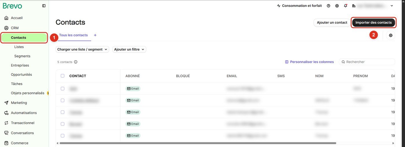 Page Contacts de Brevo avec le bouton Importer des contacts encadré en haut à droite