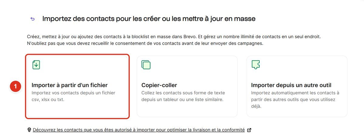 Trois options d'import, la carte Importer à partir d'un fichier est encadrée