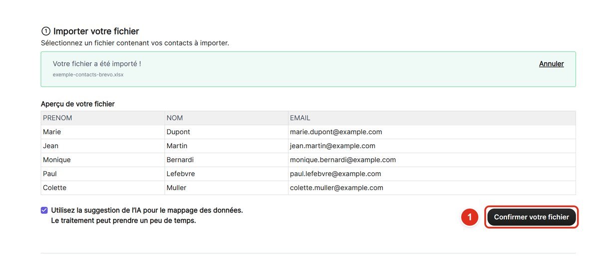 Aperçu du fichier importé avec cinq contacts d'exemple et le bouton Confirmer votre fichier