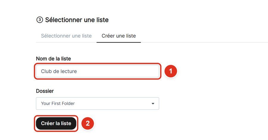 Formulaire de création de liste avec le nom Club de lecture et le bouton Créer la liste