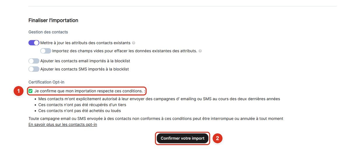 Section Finaliser l'importation avec la case de certification cochée et le bouton Confirmer votre import