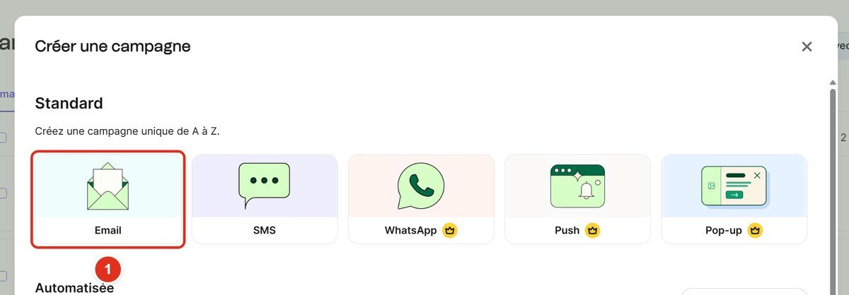Fenêtre Créer une campagne avec la carte Email encadrée parmi SMS, WhatsApp, Push et Pop-up