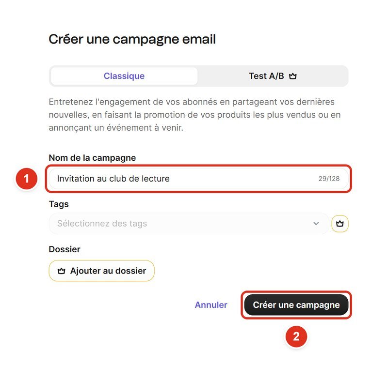 Formulaire Créer une campagne email avec le nom Invitation au club de lecture et le bouton Créer une campagne