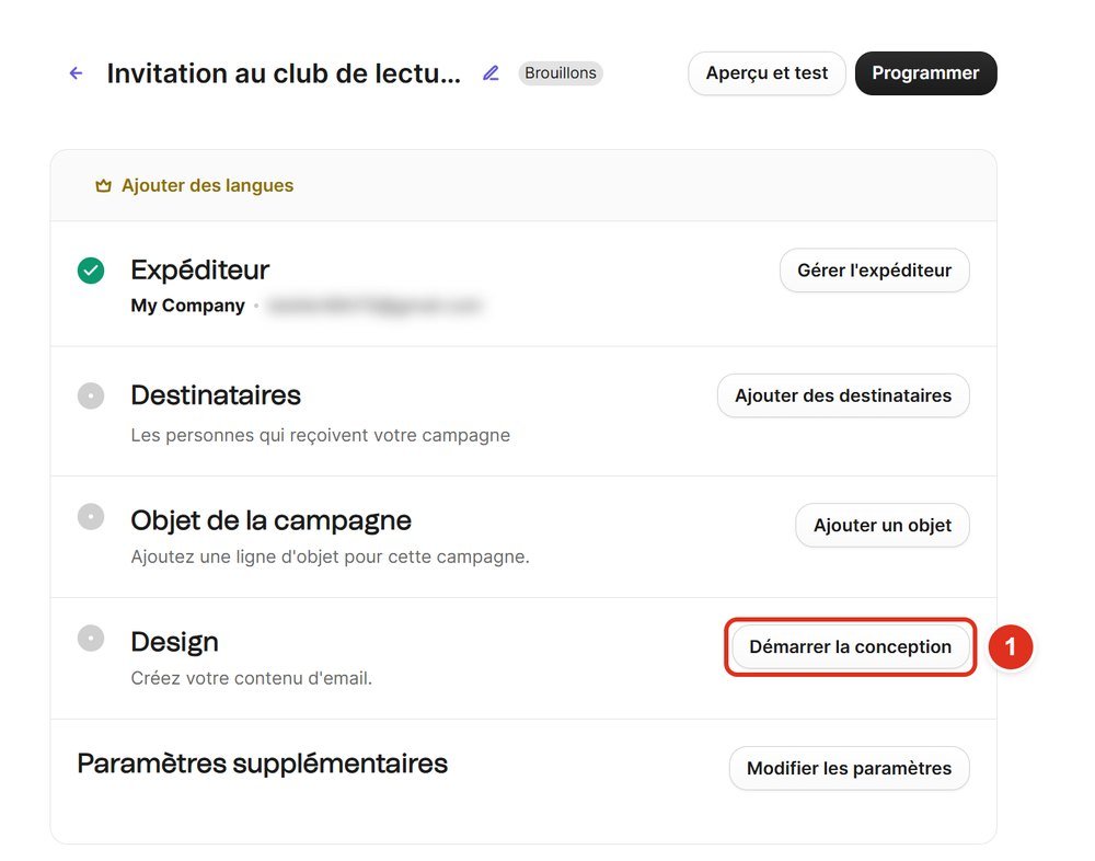 Page de la campagne avec les rubriques Expéditeur, Destinataires, Objet et Design, le bouton Démarrer la conception encadré