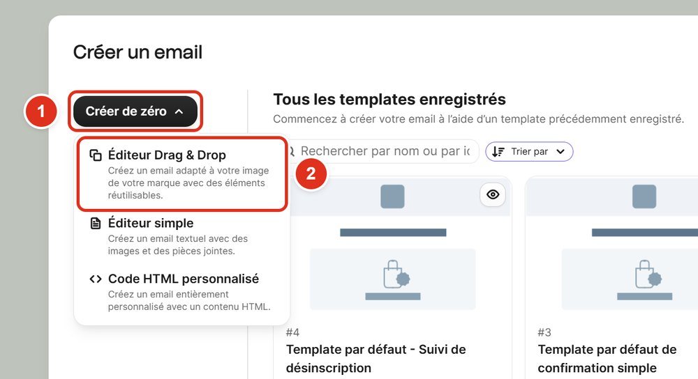 Fenêtre Créer un email, menu Créer de zéro ouvert sur l'option Éditeur Drag and Drop