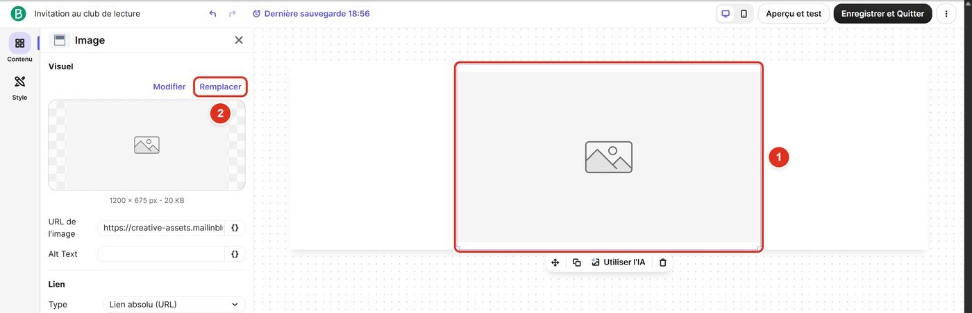 Bloc image vide sélectionné dans l'e-mail et lien Remplacer encadré dans le panneau de gauche
