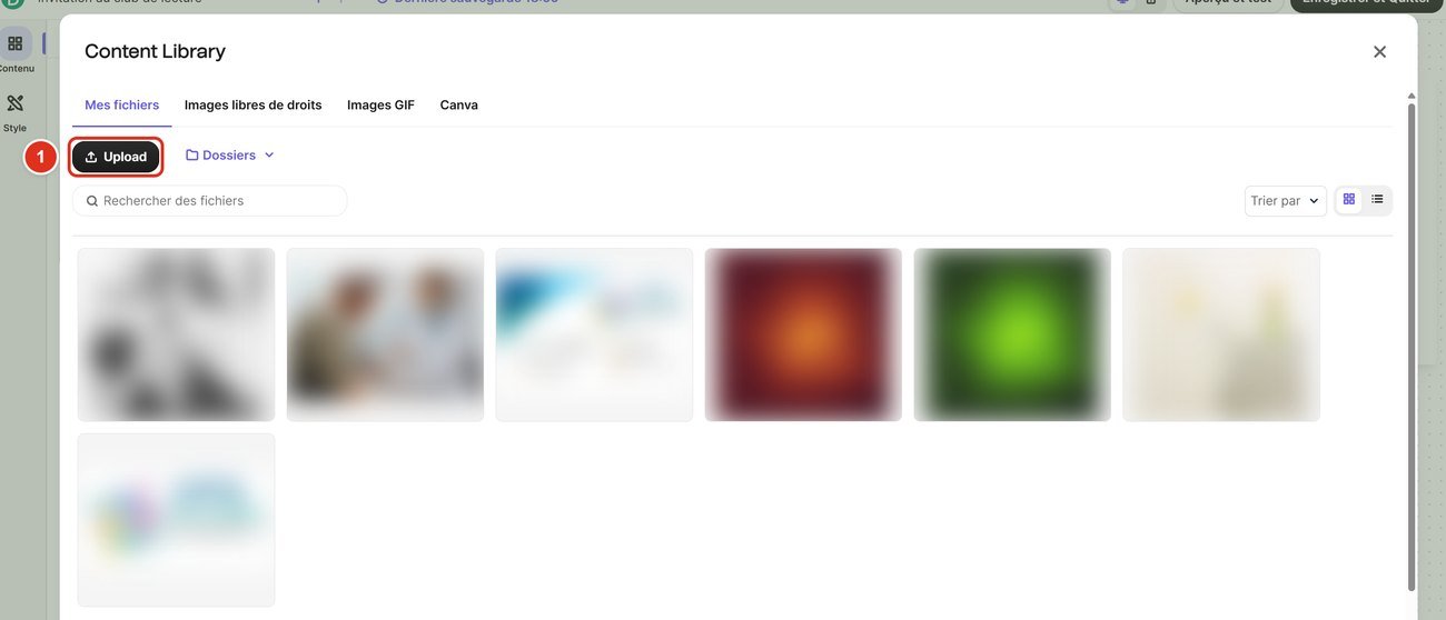 Bibliothèque de contenus Brevo, onglet Mes fichiers, avec le bouton Upload encadré