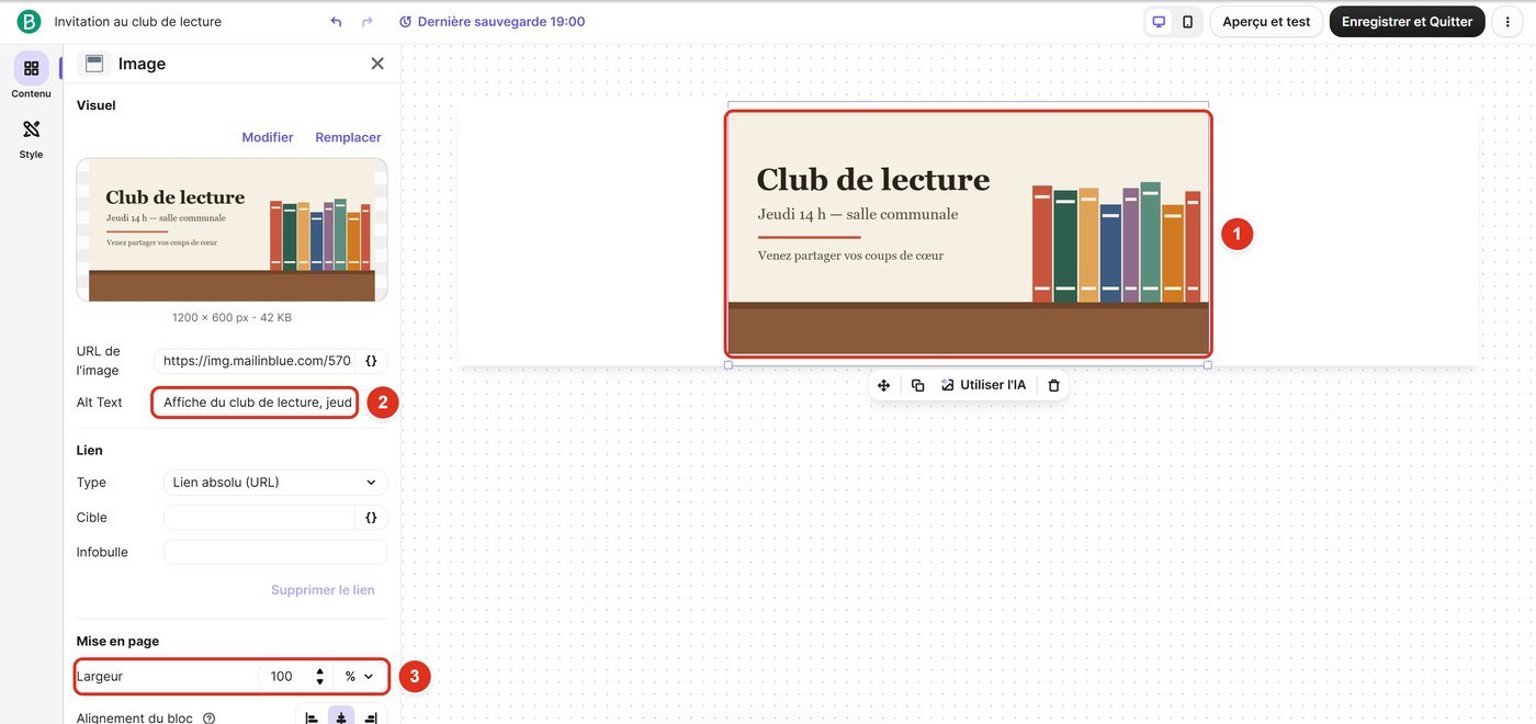 Image Club de lecture insérée dans l'e-mail, avec les champs Alt Text et Largeur encadrés dans le panneau de gauche