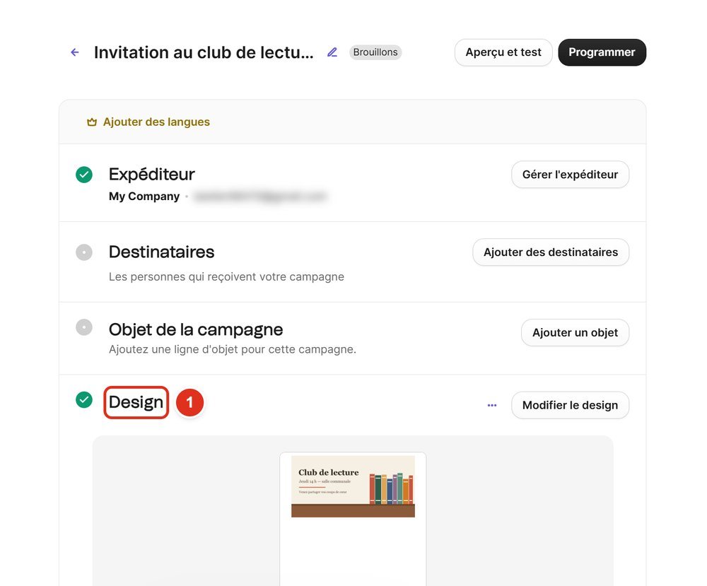 Page de la campagne avec la rubrique Design validée par une coche verte et la miniature de l'e-mail