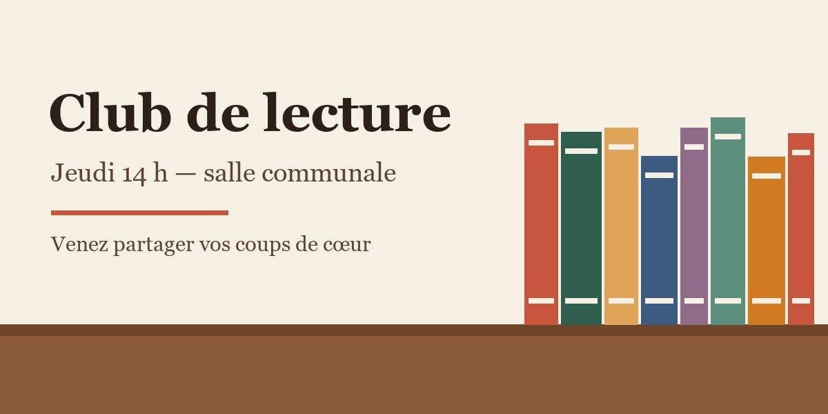 Affiche d'exemple : Club de lecture, jeudi 14 h, salle communale, avec une rangée de livres colorés