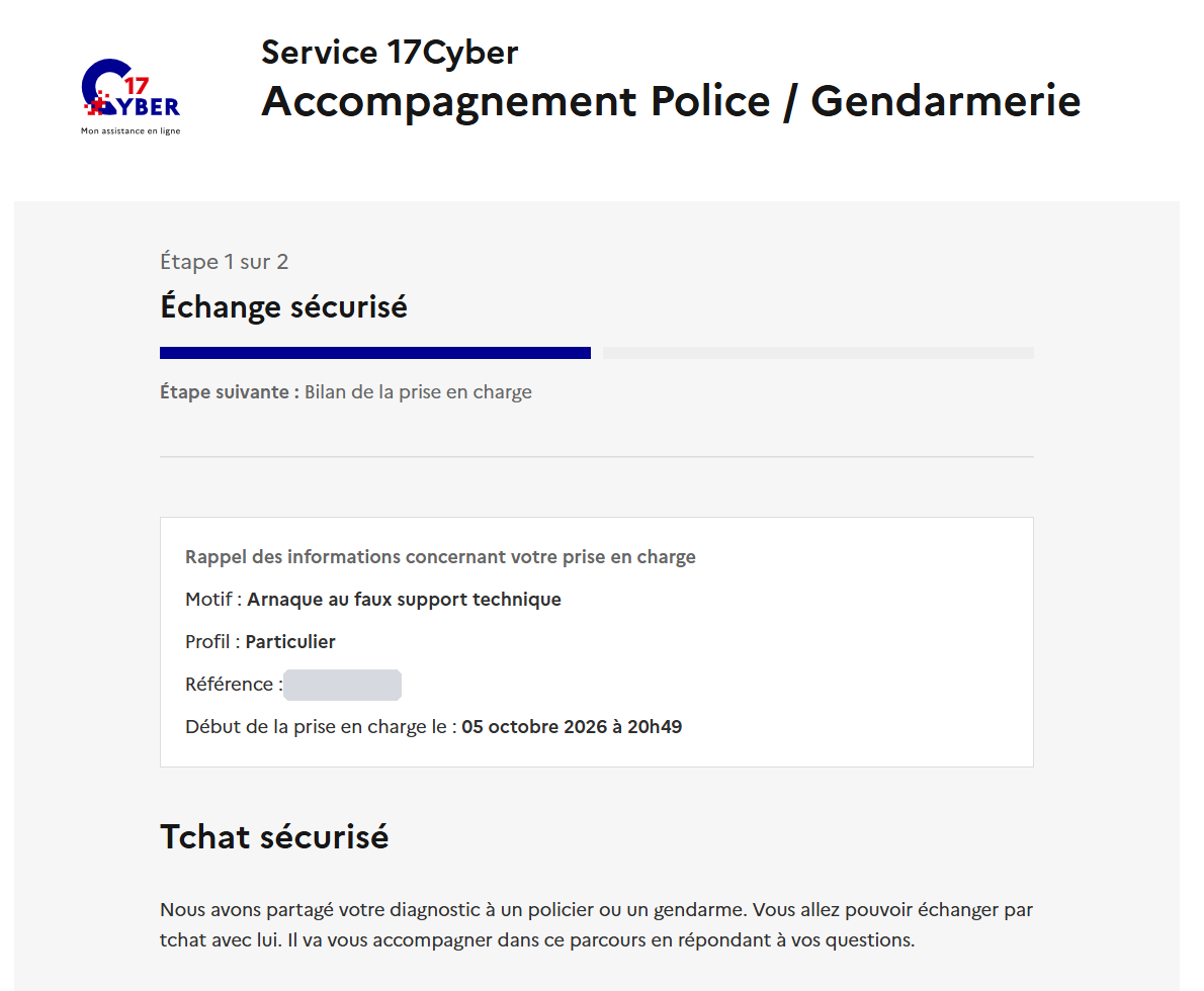 Écran de 17Cyber : rappel du motif, du profil et de la référence de prise en charge, puis ouverture du tchat sécurisé avec un policier ou un gendarme